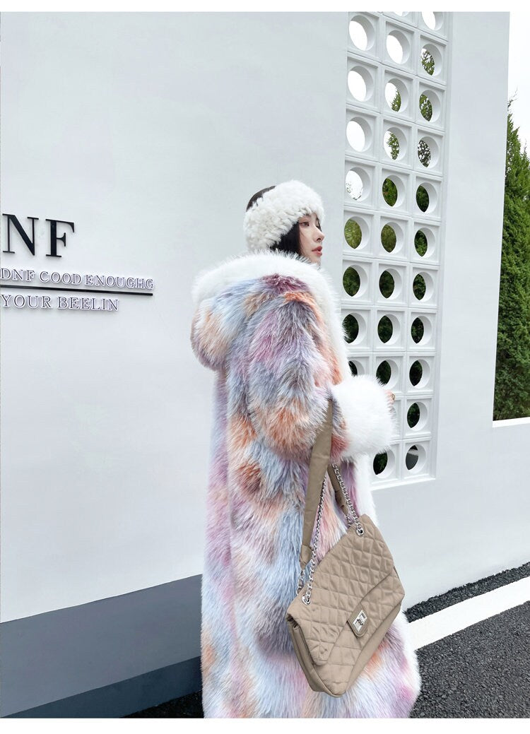 Furry faux tie dye pastel color long coat with hood rave punk goth cozy plur top party clubwear unique designer kpop style trench coat