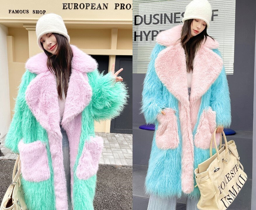 Furry faux big collar pastel color long coat rave punk goth cozy plur top party clubwear unique designer outdoors kpop style trench coat