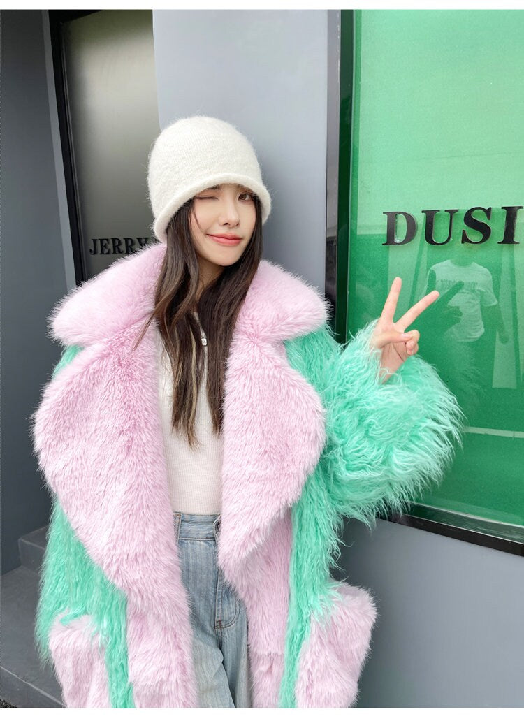 Furry faux big collar pastel color long coat rave punk goth cozy plur top party clubwear unique designer outdoors kpop style trench coat