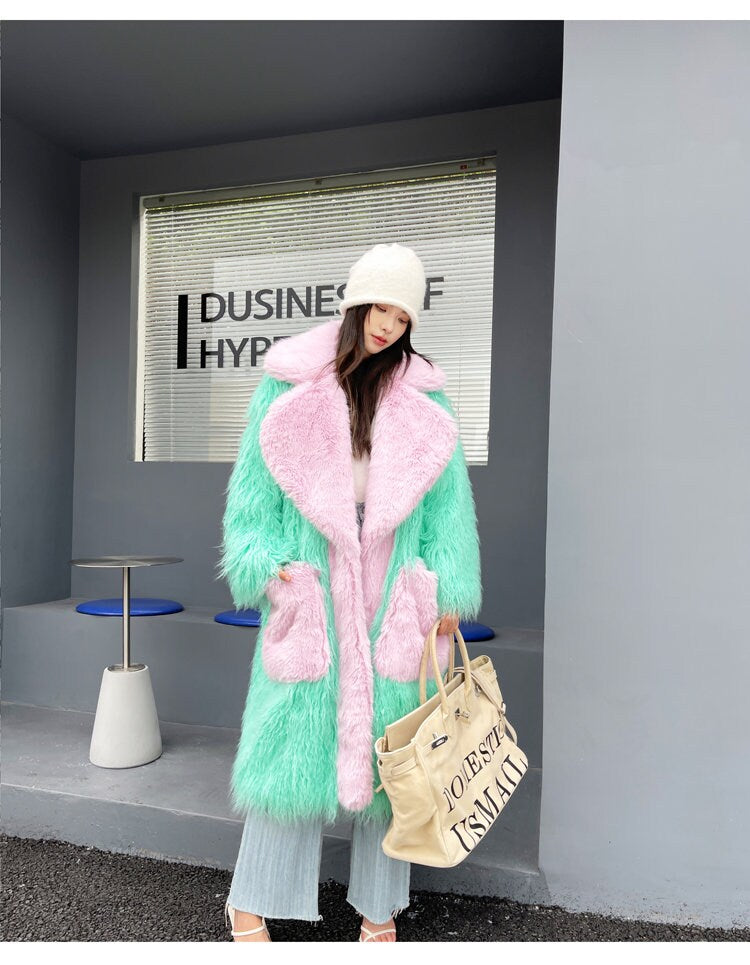 Furry faux big collar pastel color long coat rave punk goth cozy plur top party clubwear unique designer outdoors kpop style trench coat