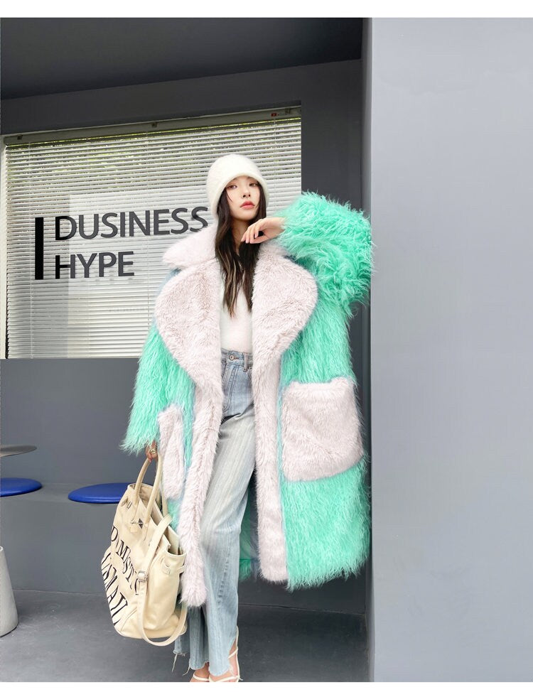 Furry faux big collar pastel color long coat rave punk goth cozy plur top party clubwear unique designer outdoors kpop style trench coat