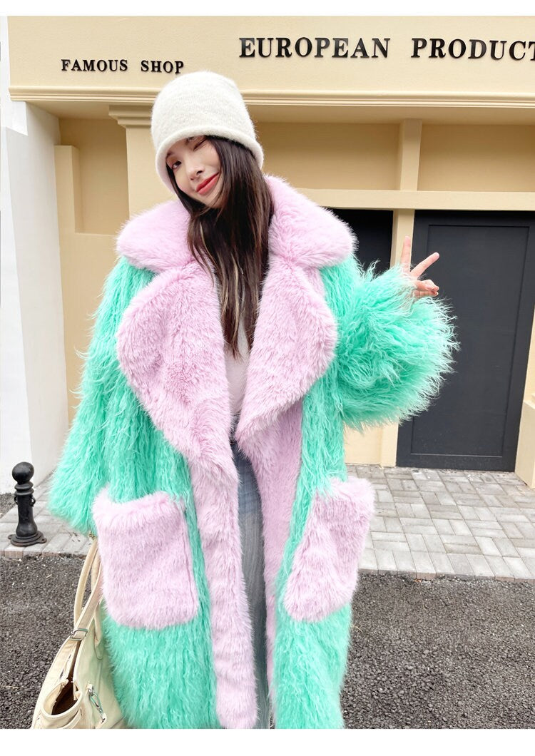 Furry faux big collar pastel color long coat rave punk goth cozy plur top party clubwear unique designer outdoors kpop style trench coat