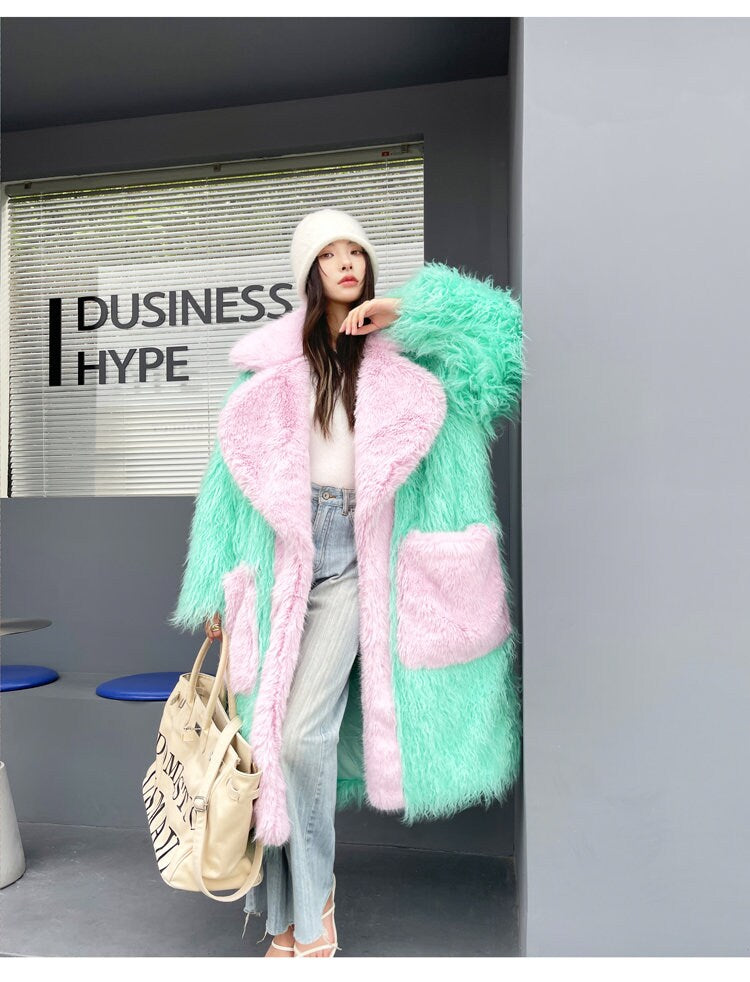 Furry faux big collar pastel color long coat rave punk goth cozy plur top party clubwear unique designer outdoors kpop style trench coat