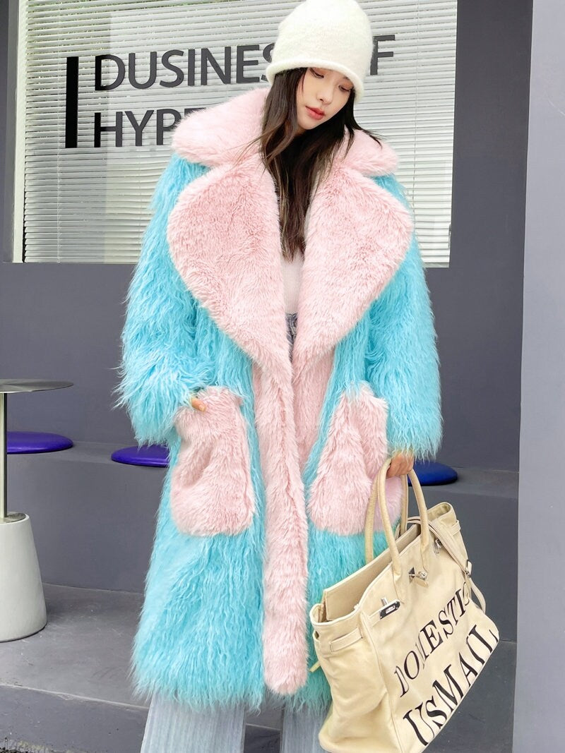 Furry faux big collar pastel color long coat rave punk goth cozy plur top party clubwear unique designer outdoors kpop style trench coat