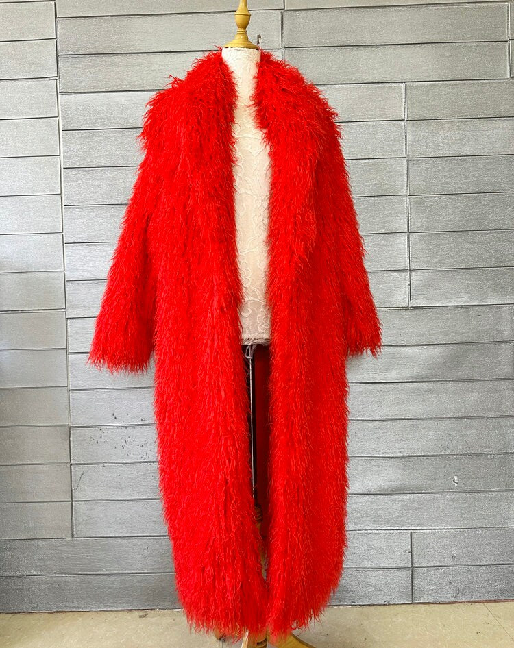 Furry faux big bold color long coat, custom made rave punk goth cozy plur top party clubwear unique designer outdoors kpop style trench coat