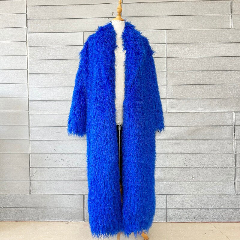 Furry faux big bold color long coat, custom made rave punk goth cozy plur top party clubwear unique designer outdoors kpop style trench coat