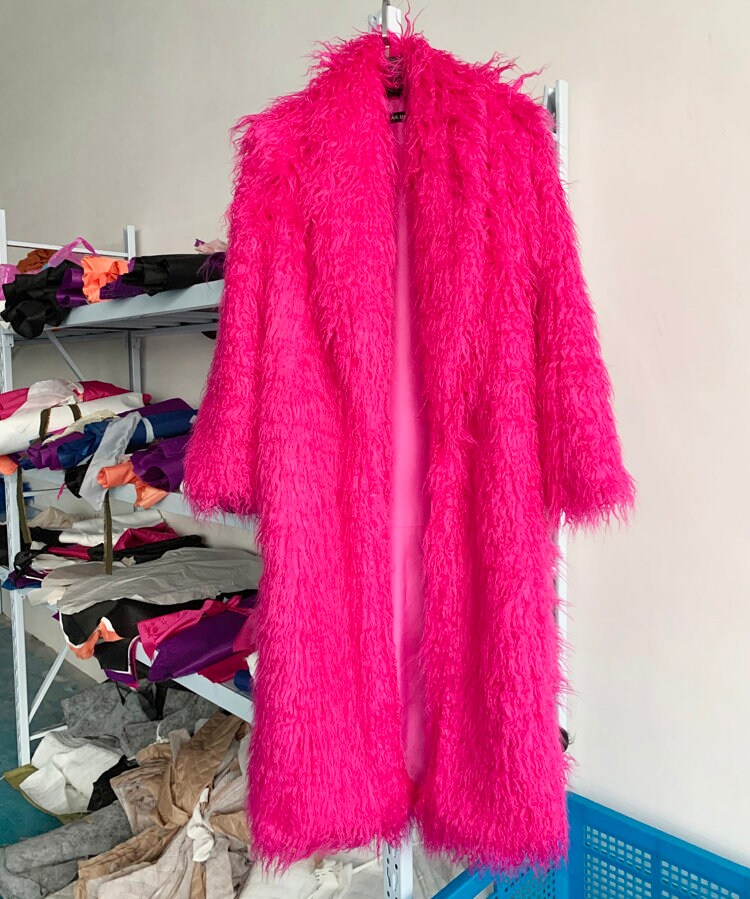 Furry faux big bold color long coat, custom made rave punk goth cozy plur top party clubwear unique designer outdoors kpop style trench coat