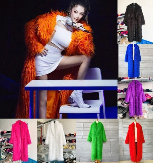 Furry faux big bold color long coat, custom made rave punk goth cozy plur top party clubwear unique designer outdoors kpop style trench coat