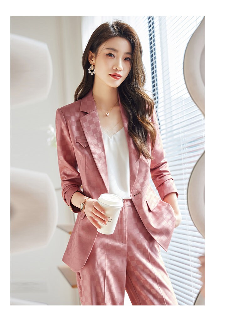 Checkered pantsuit in various colors, designer women blazer + pants subtle pattern spring summer suit set formal office wedding