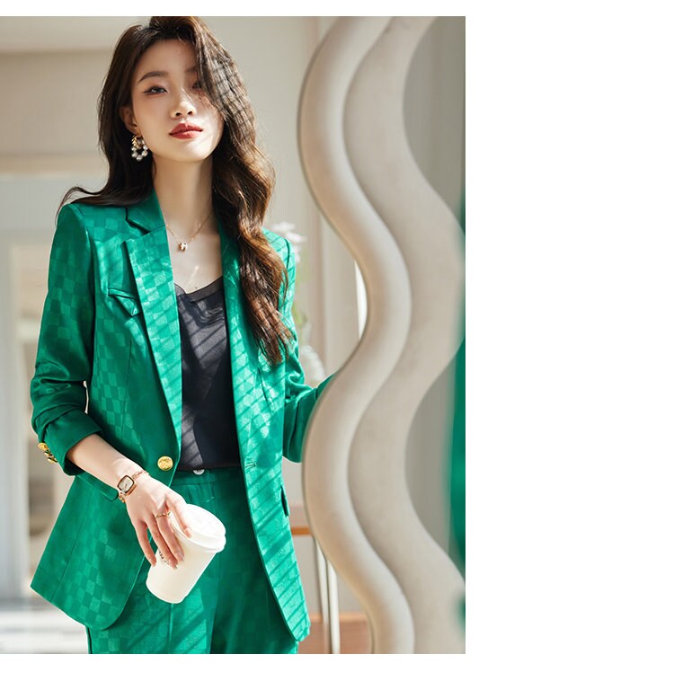 Checkered pantsuit in various colors, designer women blazer + pants subtle pattern spring summer suit set formal office wedding