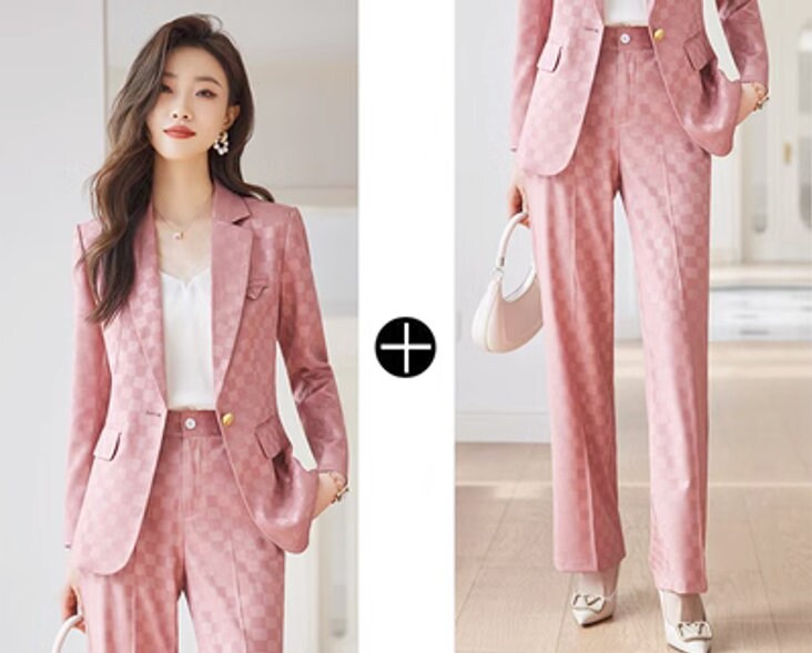 Checkered pantsuit in various colors, designer women blazer + pants subtle pattern spring summer suit set formal office wedding