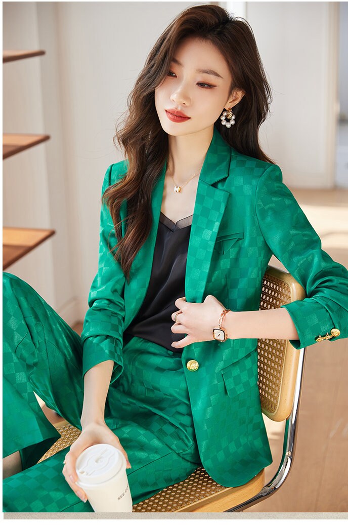 Checkered pantsuit in various colors, designer women blazer + pants subtle pattern spring summer suit set formal office wedding