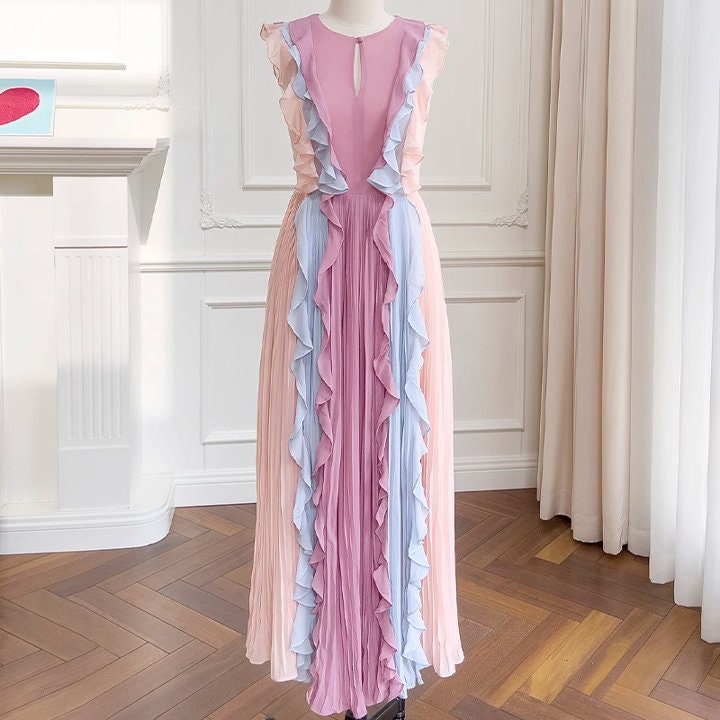 Modern slim cut pleated dress, designer women ruffles sleeveless colorful maxi dress casual party cocktail prom wedding beach summer