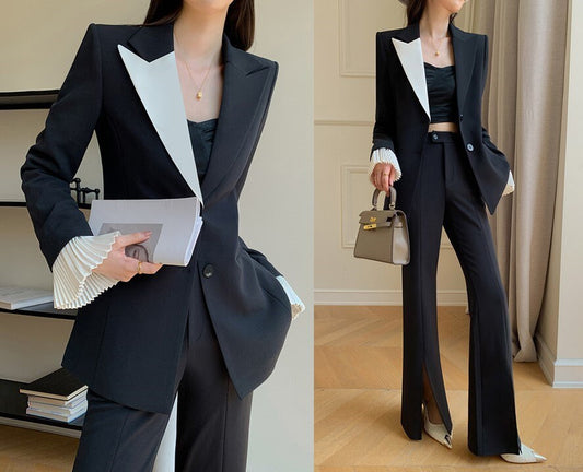 Modern women slim cut pantsuit, asymmetric, pleated removable sleeves blazer + pants suit set, designer stylish Formal Office Prom Wedding