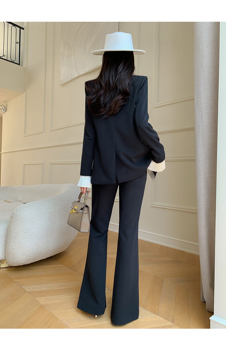 Modern women slim cut pantsuit, asymmetric, pleated removable sleeves blazer + pants suit set, designer stylish Formal Office Prom Wedding