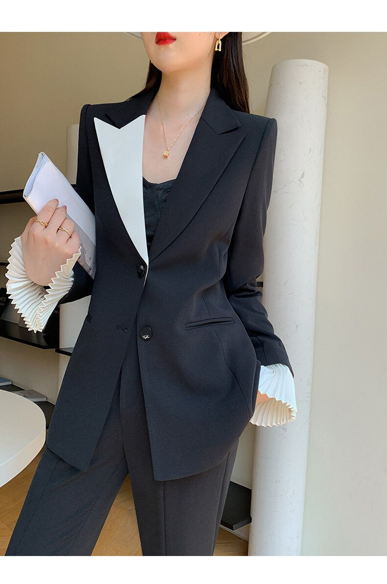 Modern women slim cut pantsuit, asymmetric, pleated removable sleeves blazer + pants suit set, designer stylish Formal Office Prom Wedding