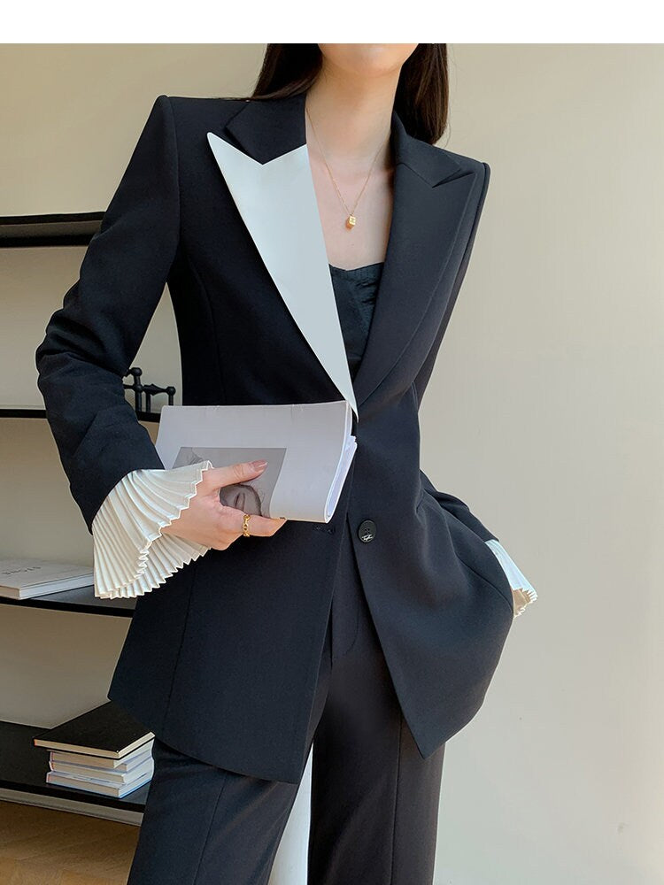 Modern women slim cut pantsuit, asymmetric, pleated removable sleeves blazer + pants suit set, designer stylish Formal Office Prom Wedding