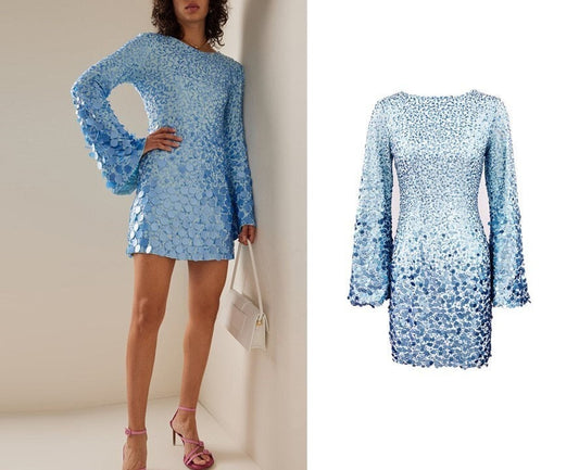 Women sequin blue mini dress, designer slim cut flared sleeve one piece dress bling for wedding party cocktail prom