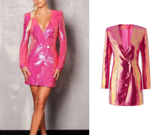 Women sequin pink mini dress, designer slim cut blazer one piece dress for wedding party cocktail prom