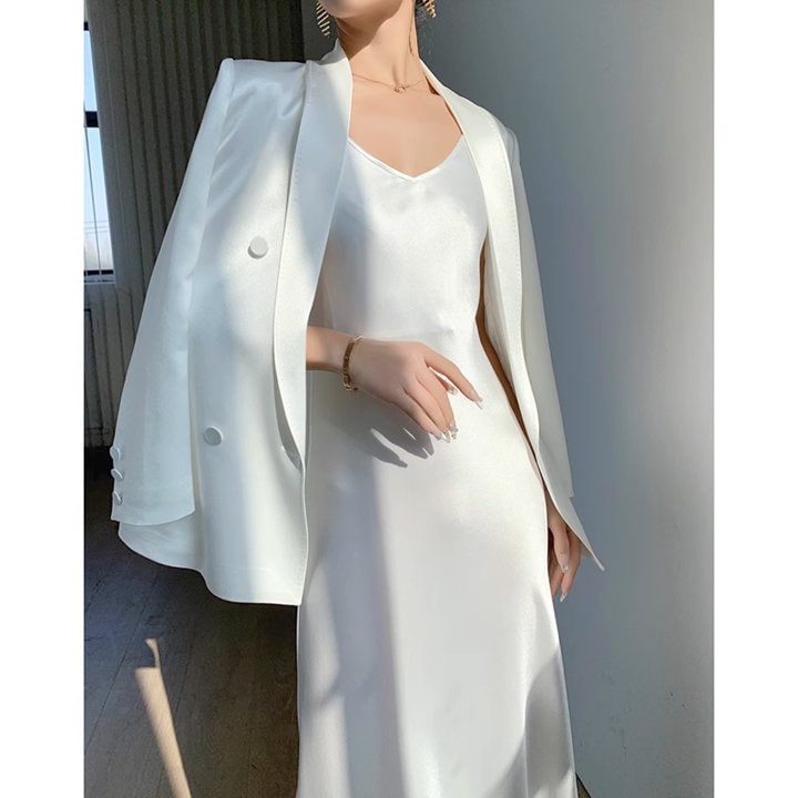 Women acetate dress suit, designer loose fit blazer + midi dress suit set, shiny green/ white/ beige for wedding office party cocktail prom