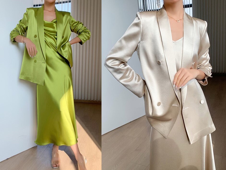 Women acetate dress suit, designer loose fit blazer + midi dress suit set, shiny green/ white/ beige for wedding office party cocktail prom