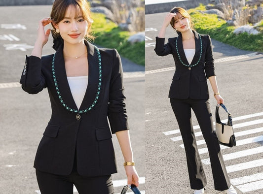 Women slim cut suit set embroidery decorated collar, designer professional pantsuit niche design, formal smart casual office wedding prom