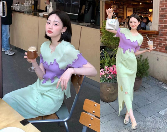 Summer blouse + dress set irregular cut patchwork style, layered long dress two piece set smart casual wedding office prom