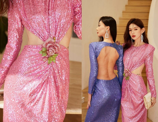 Shiny sequin cutout sexy prom dress, night gown glamorous maxi dress, Luxury evening gown, Bridal dress, wedding, party, cocktail