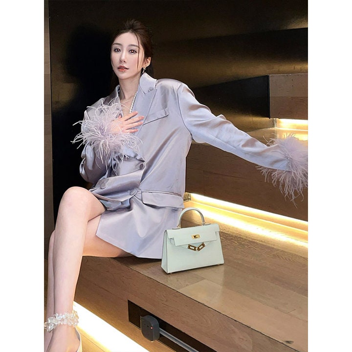 High-end chic purple satin suit jacket, designer women long blazer spring summer thin layer fur sleeves smart casual wedding cocktail party