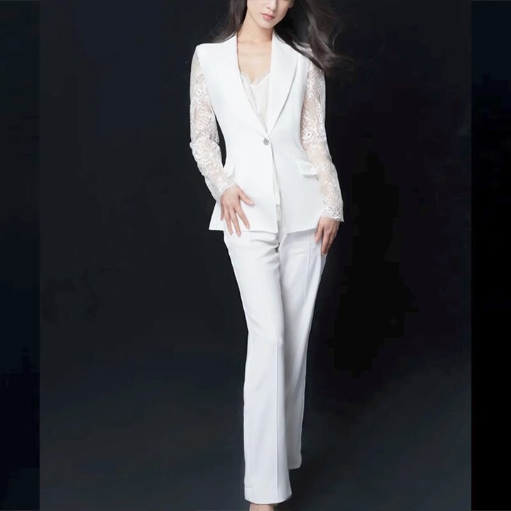 White lace patchwork suit suit, designer women summer thin pantsuit, slim cut blazer + pants two-piece set formal wedding office cocktail