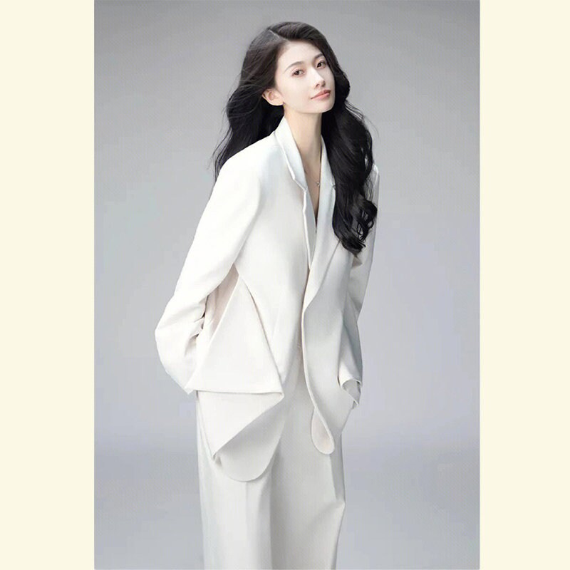 White chic style pantsuit, designer women loose fit blazer + wide legs pants suit set smart casual formal party event office wedding gift