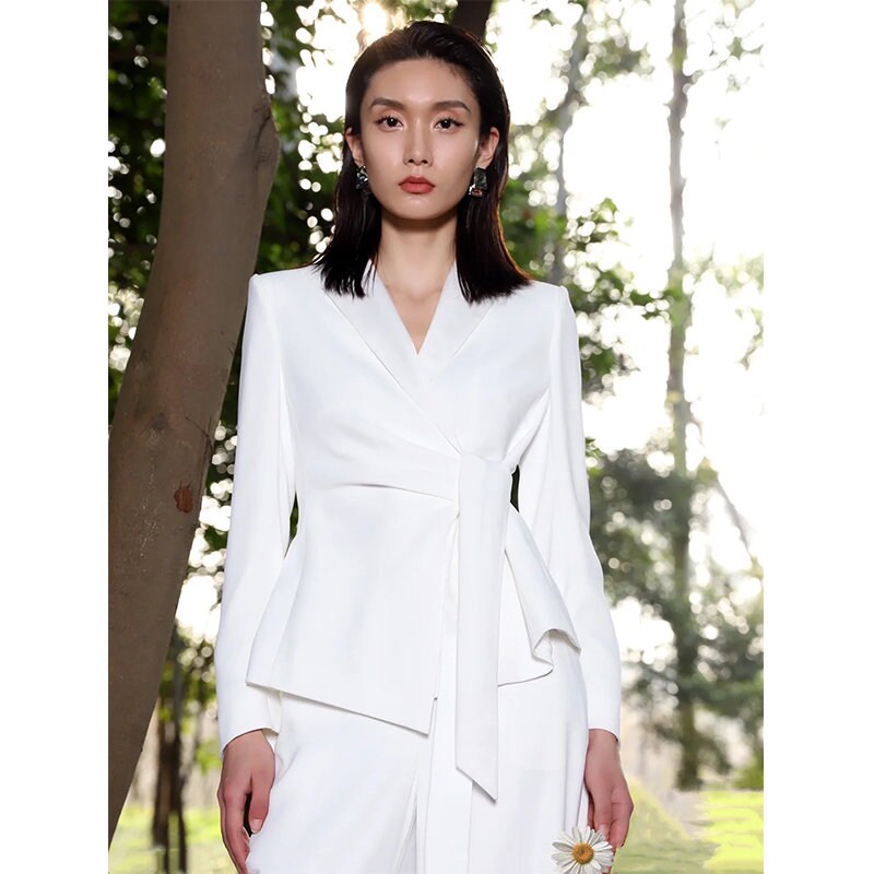 Light white pantsuit, designer women minimalist style blazer + wide legs pants smart casual formal office wedding cocktail party event gift