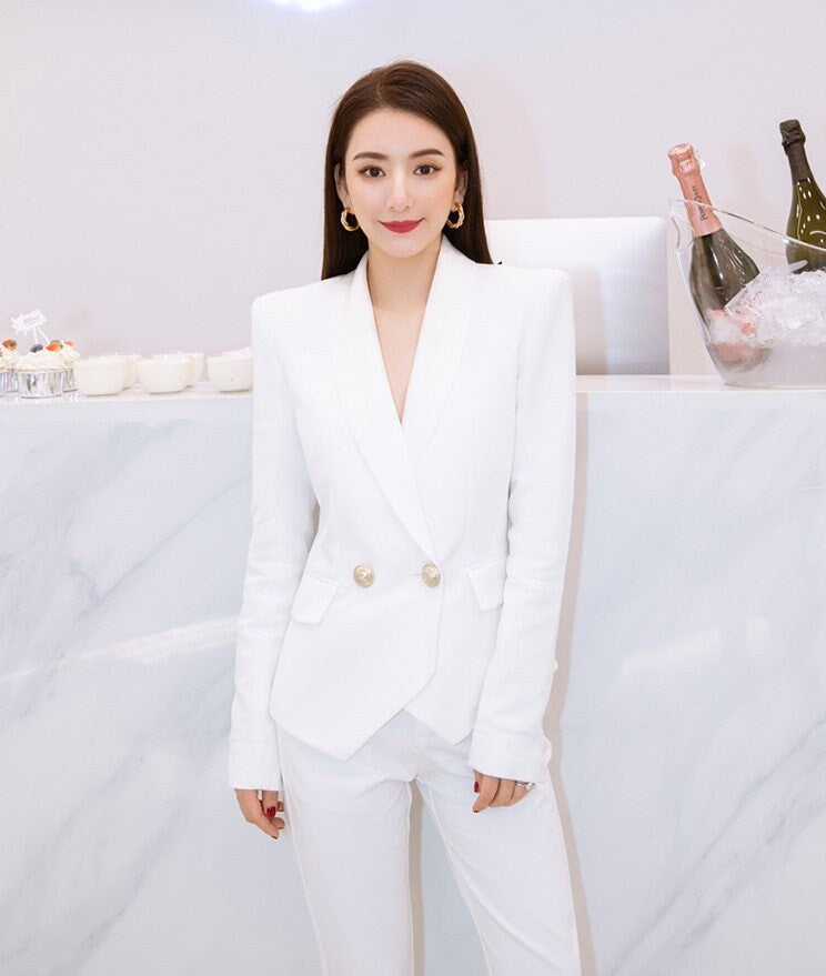 White professional style pantsuit, designer women slim cut suit jacket/ blazer + pants formal smart casual office wedding cocktail gift