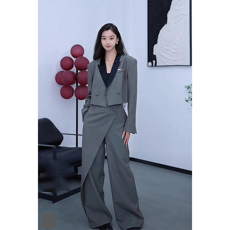 Gray stylish cool pantsuit, designer women short blazer + wide leg pants smart casual formal office wedding event party gift