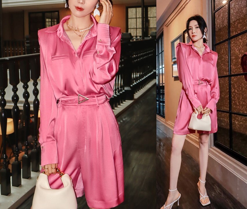 Summer shiny satin pink top + shorts 2 piece set, designer women long sleeve shirt + shorts with belt, smart casual outdoors party office