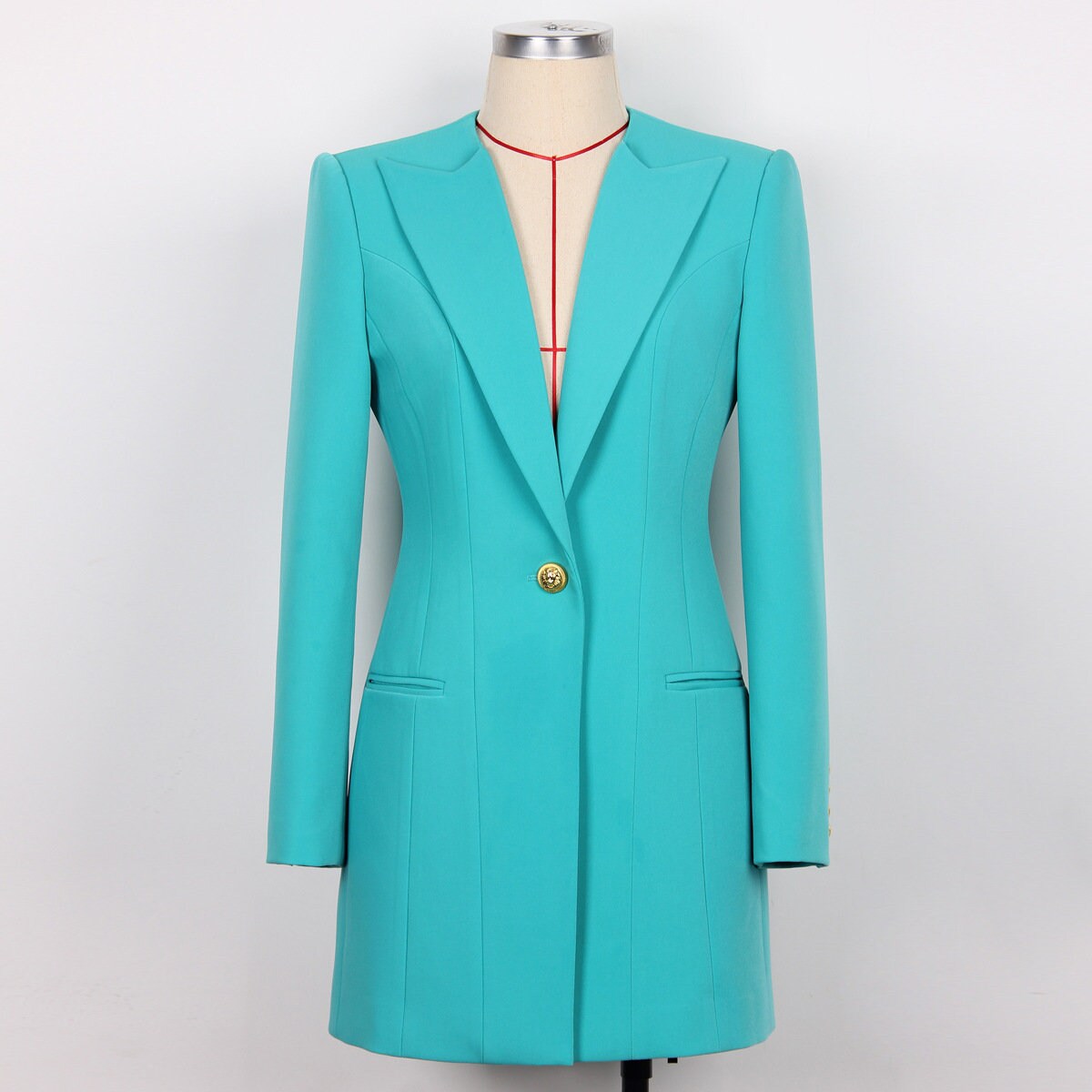 Women aqua blue long blazer, designer luxury one button slim cut suit jacket fashion formal smart casual wedding party cocktail prom office