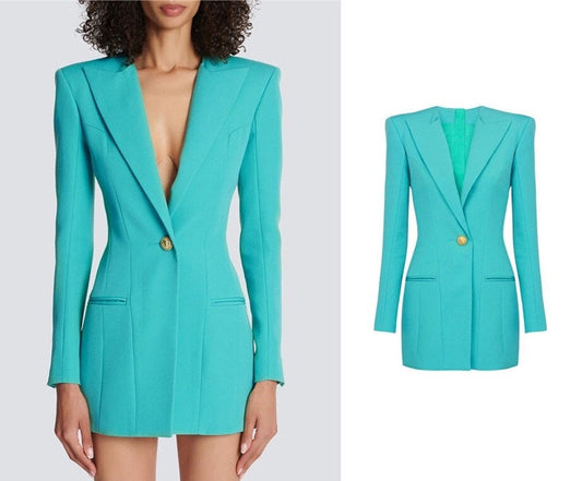 Women aqua blue long blazer, designer luxury one button slim cut suit jacket fashion formal smart casual wedding party cocktail prom office