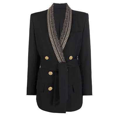 Women bead decorated long blazer, designer luxury slim cut suit jacket fashion formal smart casual wedding party cocktail prom office