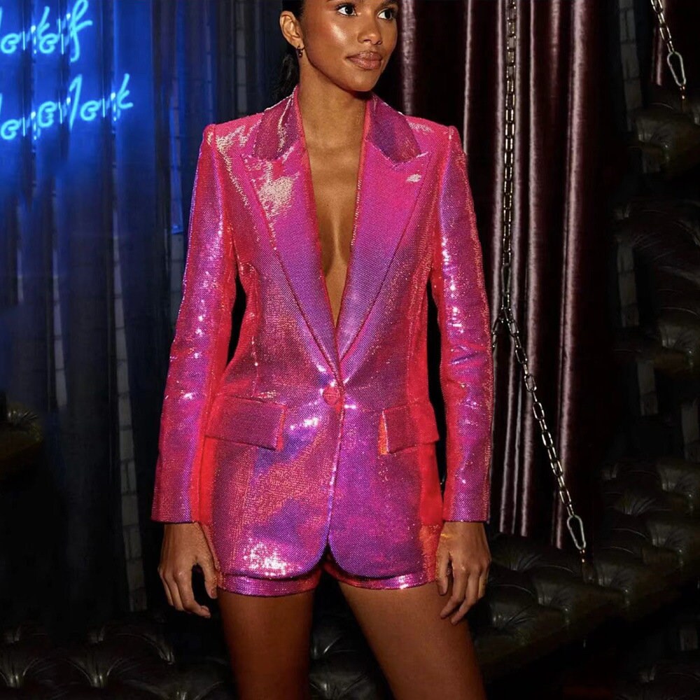 Bling pink sequin blazer +shorts suit set, designer women slim cut blazer + pants formal smart casual wedding cocktail prom