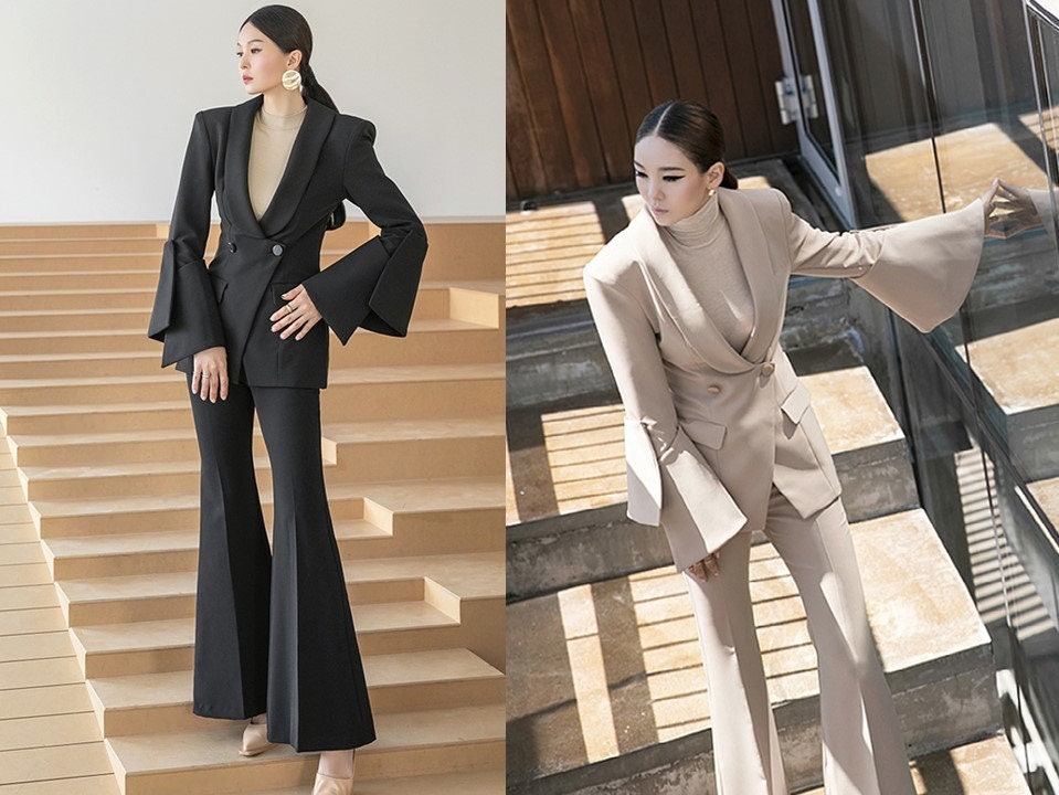 Modern women slim cut pantsuit, wide sleeves blazer boot leg pants suit set, designer stylish Formal Office Cocktail Prom Wedding