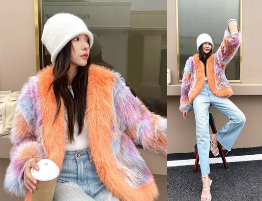 Fluffy furry faux fur jacket coat multi-color rave punk goth cozy plur top party clubwear unique designer winter jacket