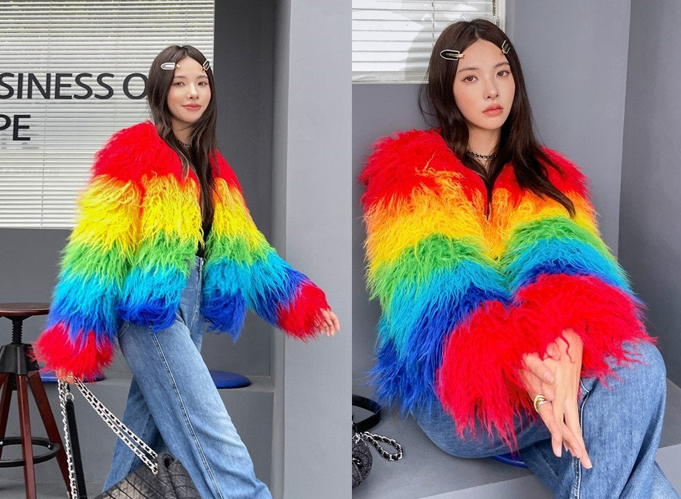 Furry faux fur rainbow jacket coat gradient color rave punk goth cozy plur top party clubwear unique designer outdoors kpop style