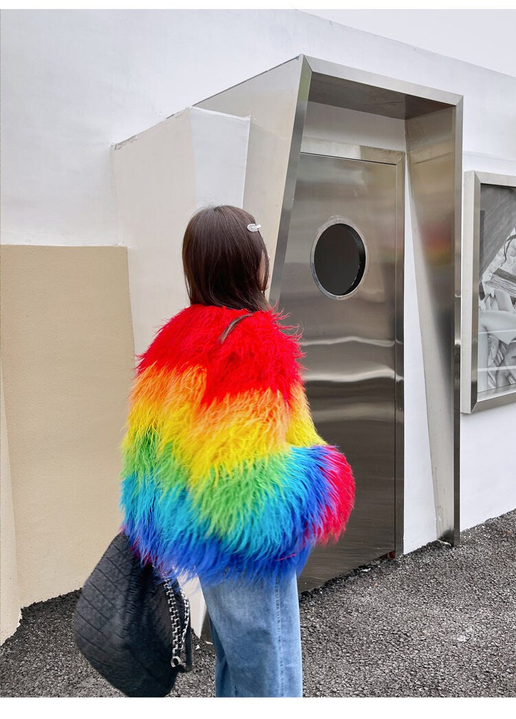 Furry faux fur rainbow jacket coat gradient color rave punk goth cozy plur top party clubwear unique designer outdoors kpop style