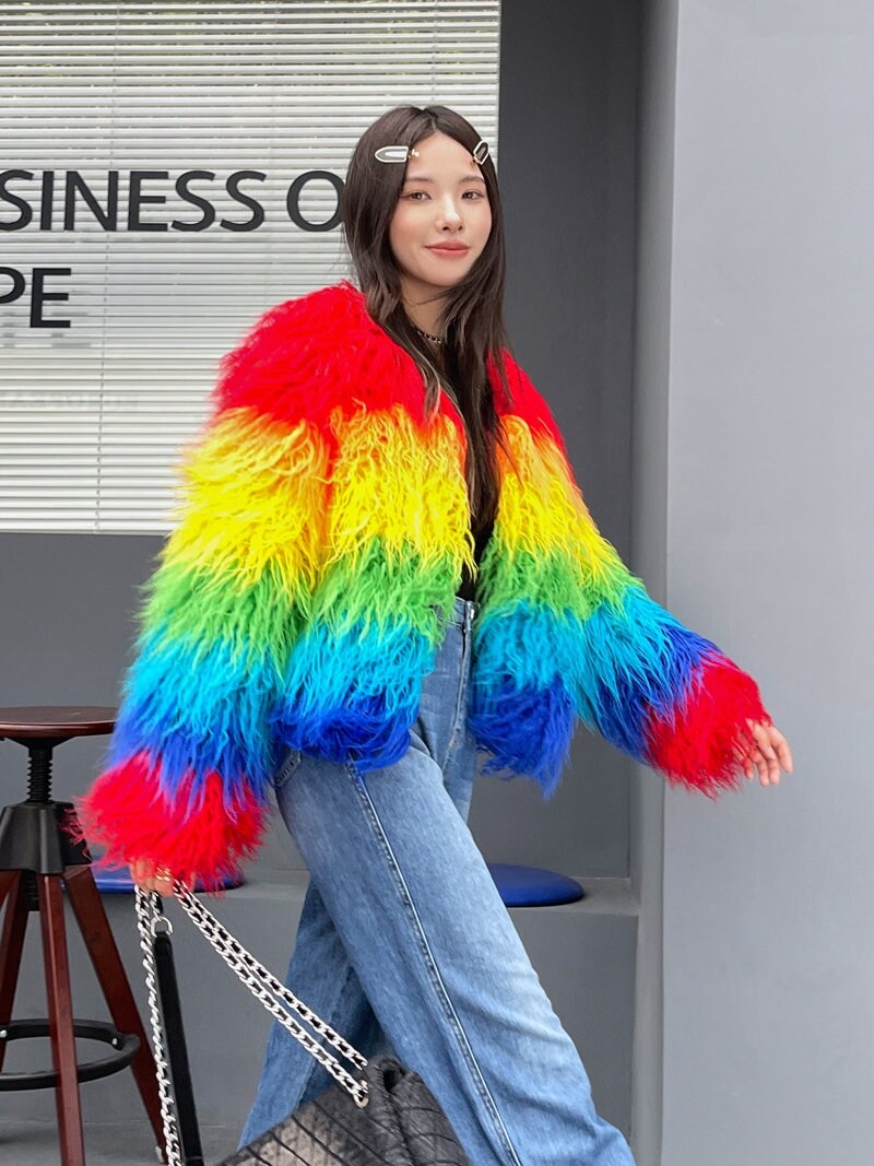 Furry faux fur rainbow jacket coat gradient color rave punk goth cozy plur top party clubwear unique designer outdoors kpop style