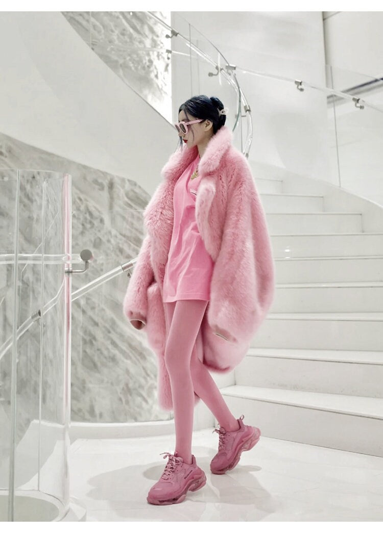 Furry faux fur pink coat with big collar color, rave punk goth cozy plur top party clubwear unique designer outdoors kpop style trench coat