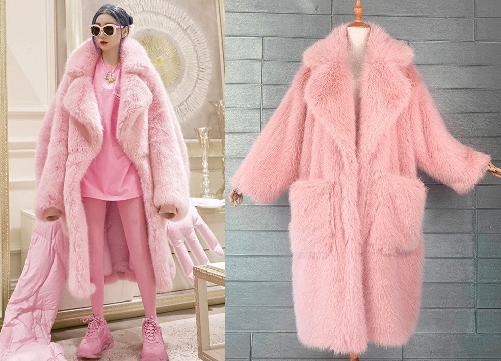 Furry faux fur pink coat with big collar color, rave punk goth cozy plur top party clubwear unique designer outdoors kpop style trench coat