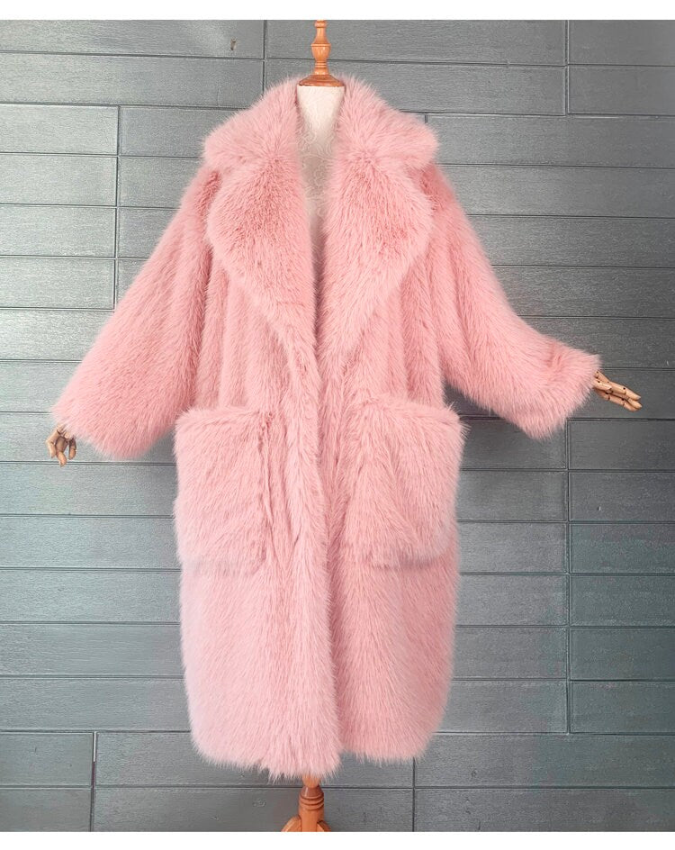 Furry faux fur pink coat with big collar color, rave punk goth cozy plur top party clubwear unique designer outdoors kpop style trench coat