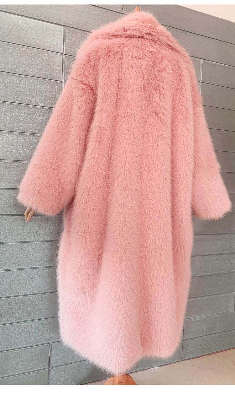 Furry faux fur pink coat with big collar color, rave punk goth cozy plur top party clubwear unique designer outdoors kpop style trench coat