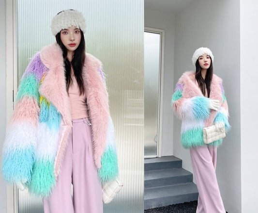 Furry faux pastel mix color long jacket rave punk goth cozy plur top party clubwear unique designer outdoors kpop style peacoat