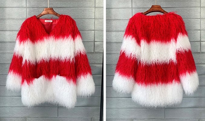 Furry faux red &white stripes color jacket rave punk goth cozy plur top party clubwear unique designer outdoors kpop style peacoat